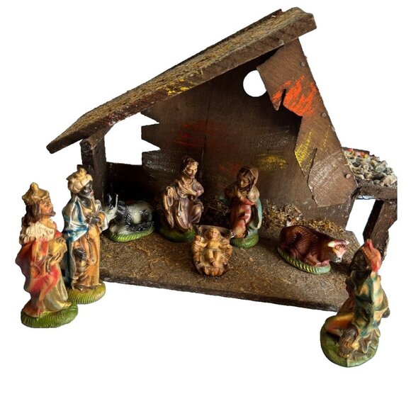 C1950 Vintage 9 Piece Composit Nativity Set Hand Crafted Italy Early Fontanini - Picture 1 of 12